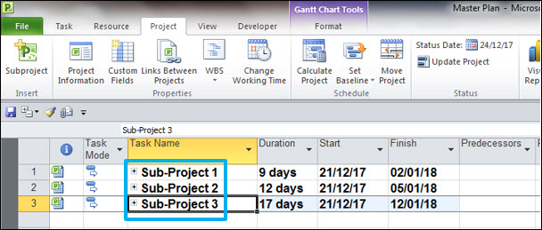 Master Project Plan - Microsoft Project Subprojects