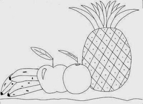desenho de abacaxi com bananas, maça e laranja para pintar