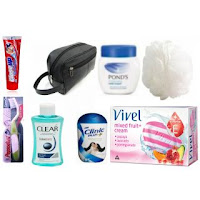 Combo of toothpast,toothbrush,oil,soap,cream,loofh,shampoo,molife leather bag Price Rs159