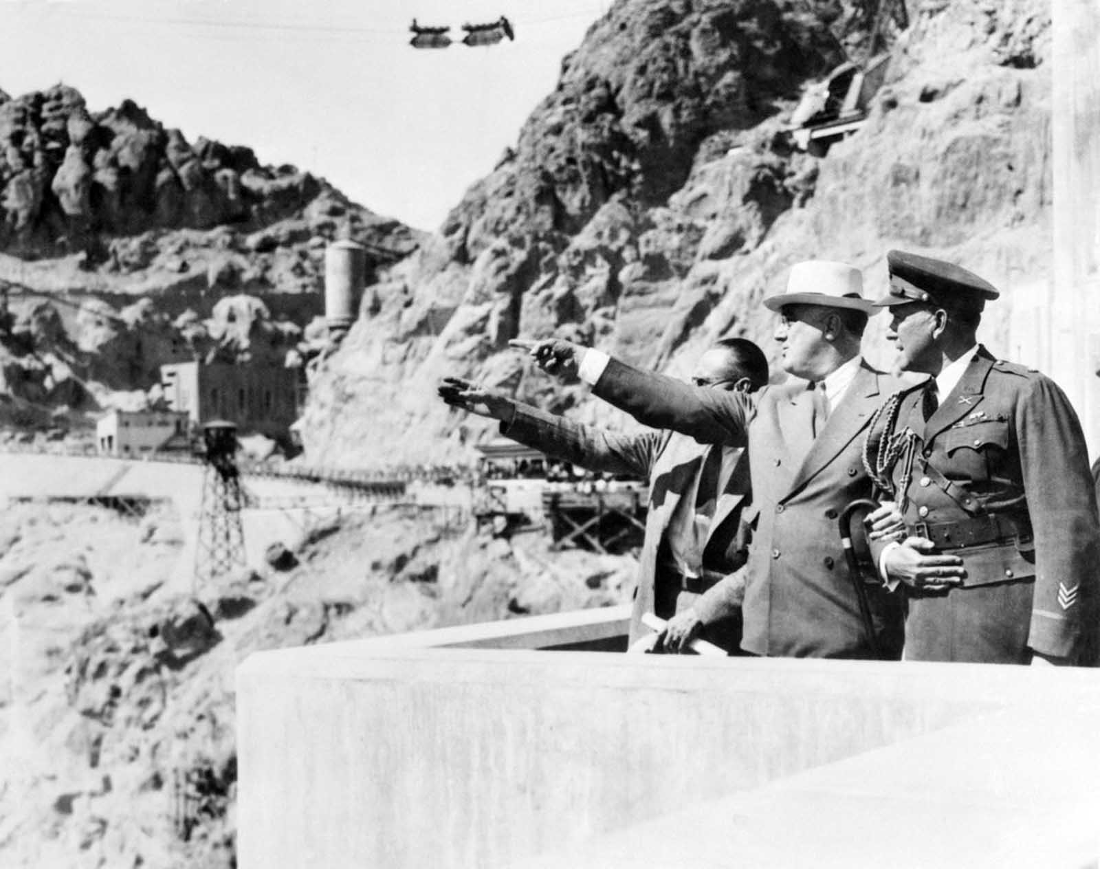 President Franklin D. Roosevelt tours the dam. 1935.