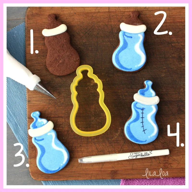 Step by step cookie decorating tutorial for a baby bottle decorated sugar cookie