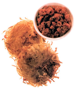 Hash Browns with Relish: Two hash browns served with a pot of relish