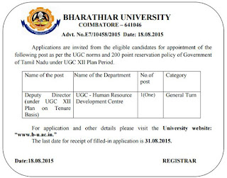 Applications are invited for Deputy Director Post in Bharathiar University