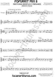 2  Mix 8 Partitura de Trompa y Corno Francés La Escaleritas con Notas, La Reina de los Mares, Polka Popurrí 8 Sheet Music for French Horn Music Scores