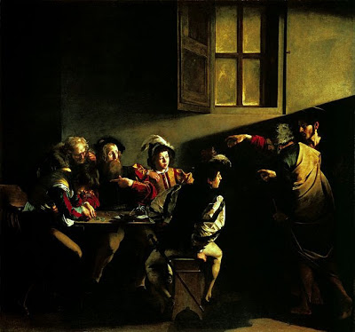 In un'osteria, Cristo appare a Matteo che sta giocando d'azzardo assieme ai suoi compagni. La scena è tagliata a metà dall'ombra, la luce illumina una finestra e, solo alla fine, sulla sinistra, San Matteo.