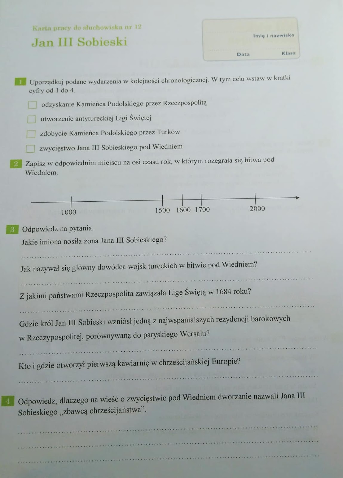 Rzeczpospolita W Xvi Stuleciu Sprawdzian kl. 4b WOP lekcje z dnia 16 lutego
