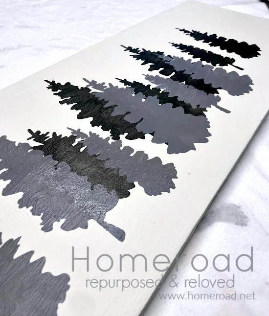 Shades of Grey Stenciled Christmas Trees painting. Homeroad.net