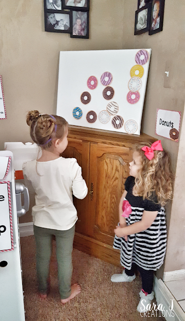 Donut and coffee shop dramatic play area is so cute for preschool!