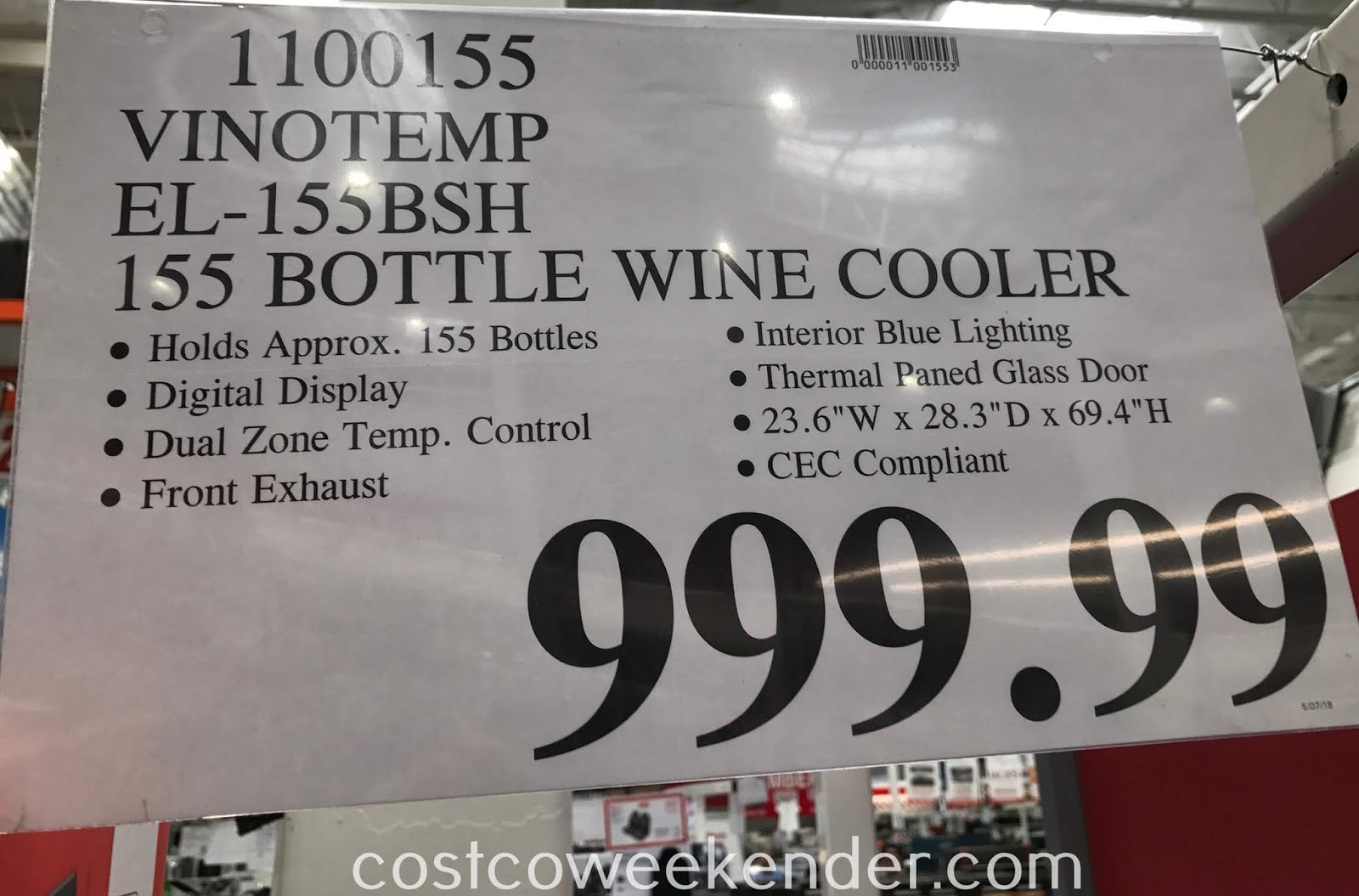 Vinotemp EL155BSH 155 Bottle DualZone Wine Cooler Costco Weekender
