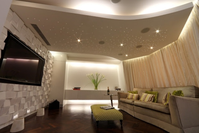 modern home theater design with plasterboard suspended ceiling