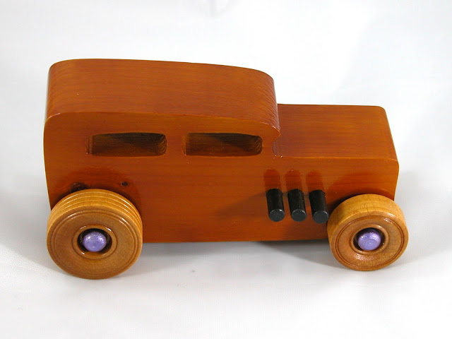 Right Side - Wooden Toy Car - Hot Rod Freaky Ford - 32 Sedan - Pine - Amber Shellac - Metallic Purple Hubs