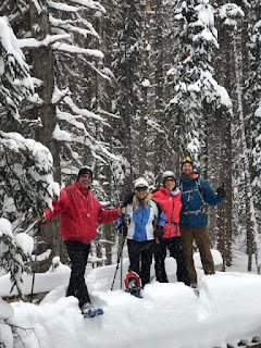 Winter day in the forest with a family of 4 snowshoeing.  Snow is falling all around.
