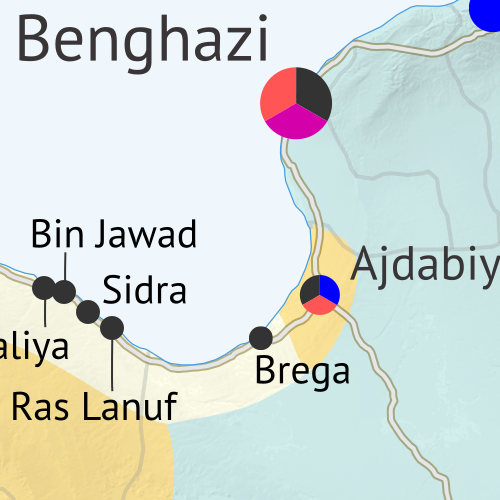 Libya control map: Shows detailed territorial control in Libya's civil war as of September 2016, including all major parties (Government of National Accord (GNA), Tobruk House of Representatives, General Haftar's Libyan National Army, Zintan militias, Petroleum Facilities Guard (PFG); Tripoli GNC government, Libya Dawn, and Libya Shield Force; Shura Council of Benghazi Revolutionaries and other hardline Islamist groups; and the so-called Islamic State (ISIS/ISIL)). Also file under: Map of Islamic State (ISIS or ISIL) control in Libya. Now includes terrain and major roads. Color blind accessible.