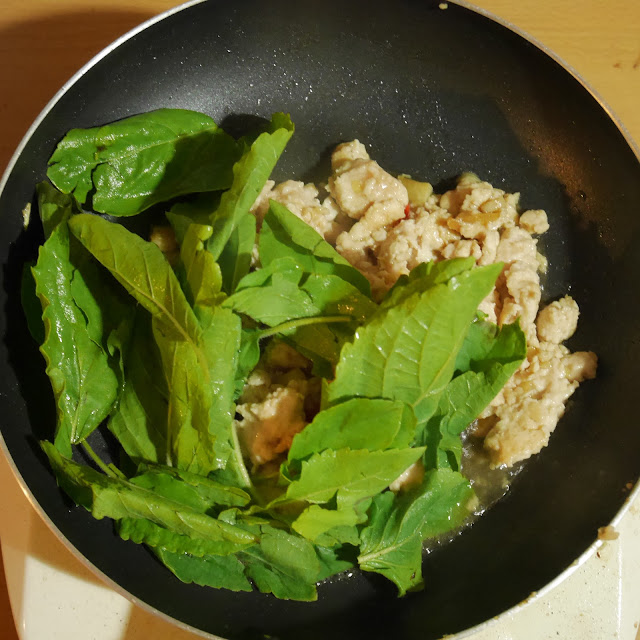 holy basil in a pan of cooking Thai stir fried chicken
