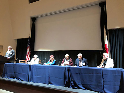 Moderator, David Helfand, chairs panel with Professors Rees, Virginia, Yodh, Shultz, and Thorne at TrimbleFest