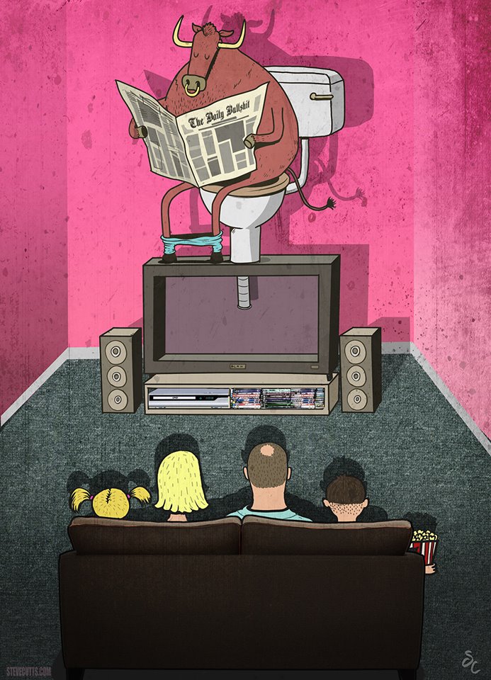 This Artwork Is Probably The Most Accurate (And Scary) Portrayal Of Modern Life We’ve Ever Seen - A BULL PROVIDES THE DAILY NEWS THROUGH A CLEVERLY DESIGNED TOILET-TV