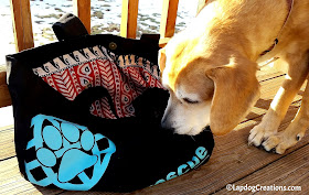 Sophie sniffing out the RESCUE Tote Bag from #PawZaar - Global Style for Pet Lovers! #rescueddogs #adoptdontshop #animalwelfare #rescue #LapdogCreations ©Lapdog Creations