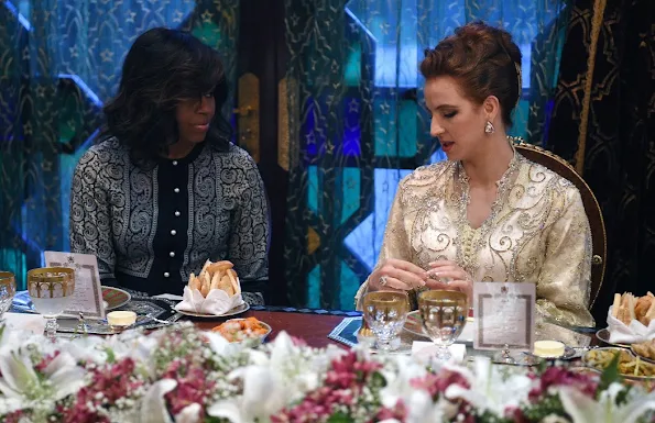 Princess Lalla Salma,  Michelle Obama, Malia Obama and Sasha Obama, Princess Lalla Meryem attend a dinner at Royal Palace.