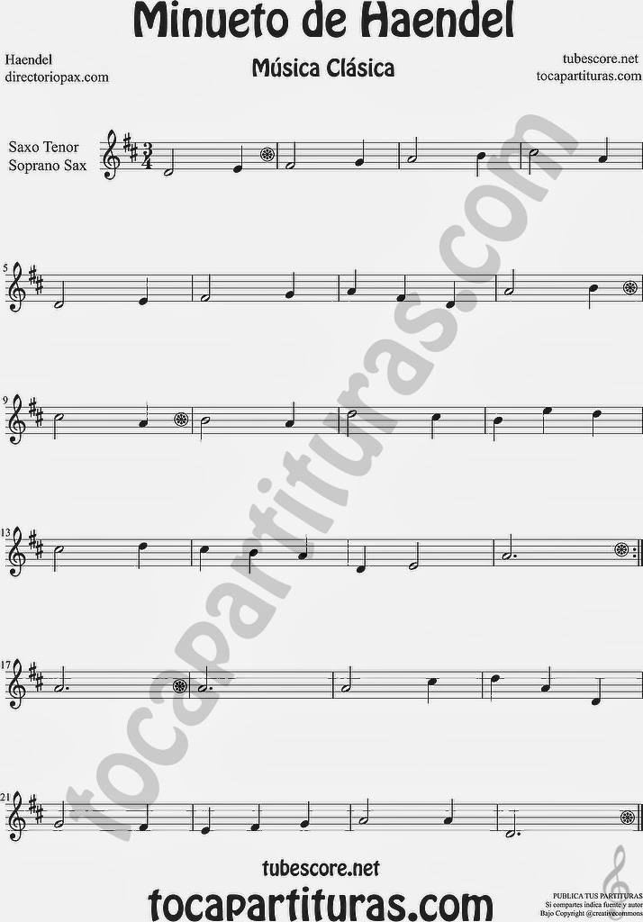 Partitura del Minueto de Haendel para Saxofón Soprano y Saxo Tenor Minuet  Sheet Music for Soprano Sax and Tenor Saxophone Music Score