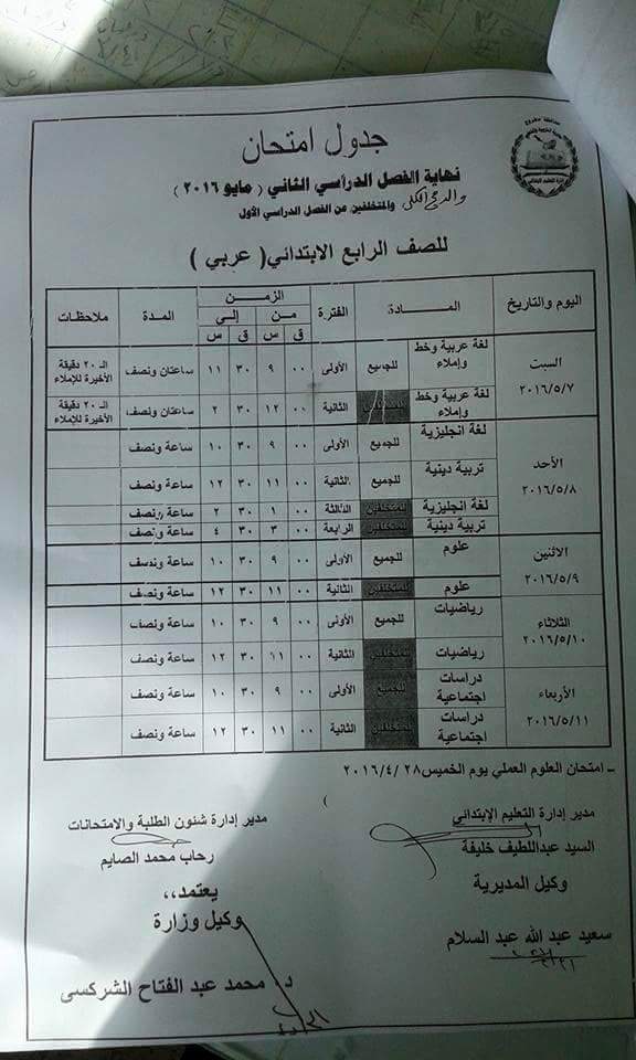 محافظة مطروح: جداول امتحانات الترم الثاني 2016 0%2B%25281%2529