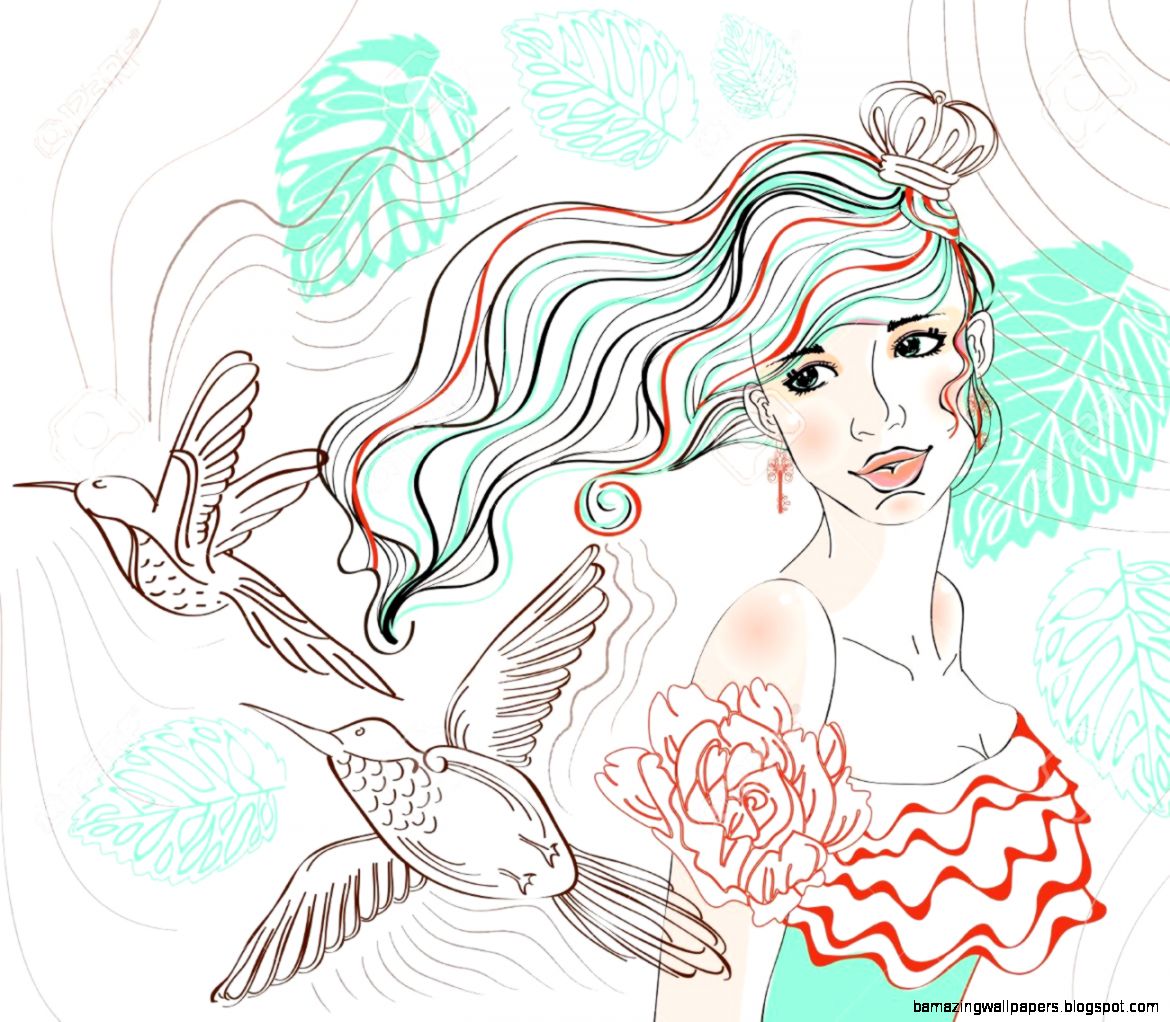 Beautiful Hand Drawing Background With Tender Girl And Flowers