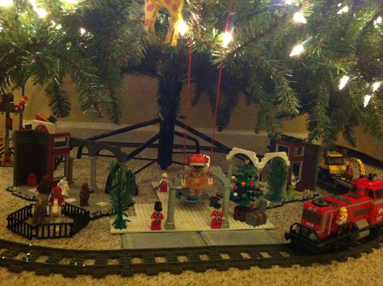 lego train around christmas tree