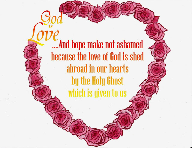 heart made of red roses with God is love written on the side and scripture verse in the center