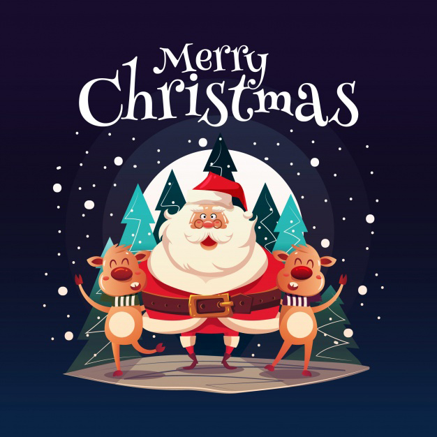Happy santa claus with funny reindeers Free Vector