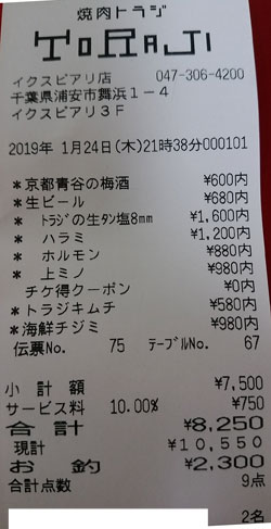 焼肉トラジ イクスピアリ店 2019/1/24飲食レシート