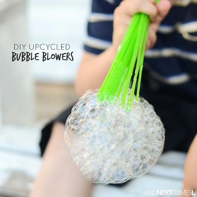 Make DIY upcycled bubble blowers for kids by reusing the Bunch O Balloons water balloons adapters from And Next Comes L