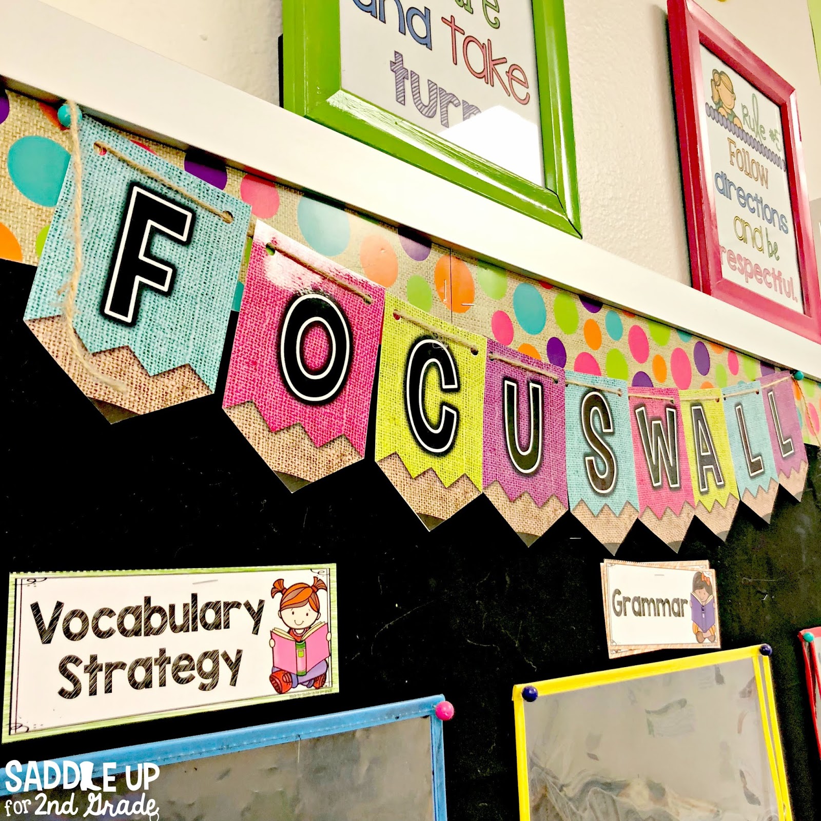 The blog posts features a tour of my 2nd grade classroom with a burlap and bright theme! My focus wall area is one of my favorite parts of the whole room. 