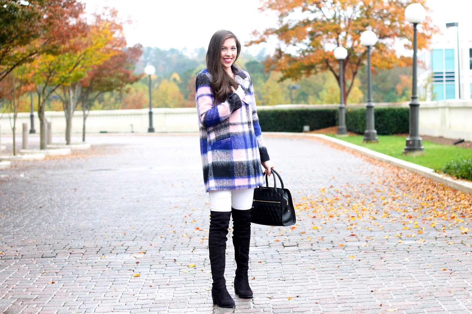 Plaid Coat by Elle at Kohls, fall trends, winter plaid coat with white denim, white denim in the fall, over the knee boots, OTK boots, forever 21 over the knee boots, forever21 OTK faux suede boots, pretty in the pines blog, shelby vanhoy