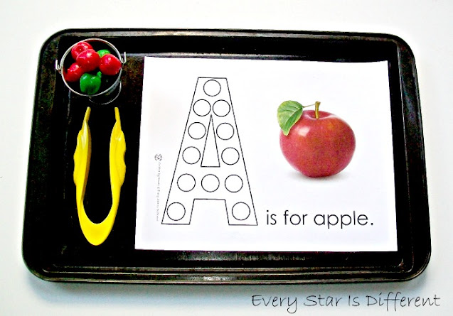A is for apple tweezing activity with free printable.