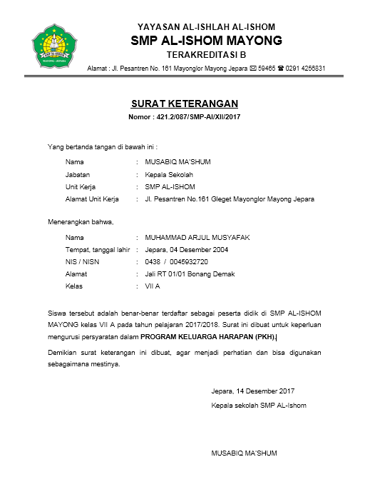 Contoh Surat Keterangan Pkh