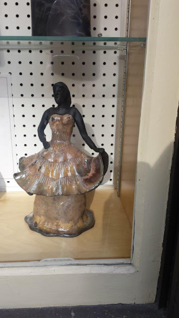 Raku pottery lady sculpture on display at Shadbolt Center in Burnaby BC