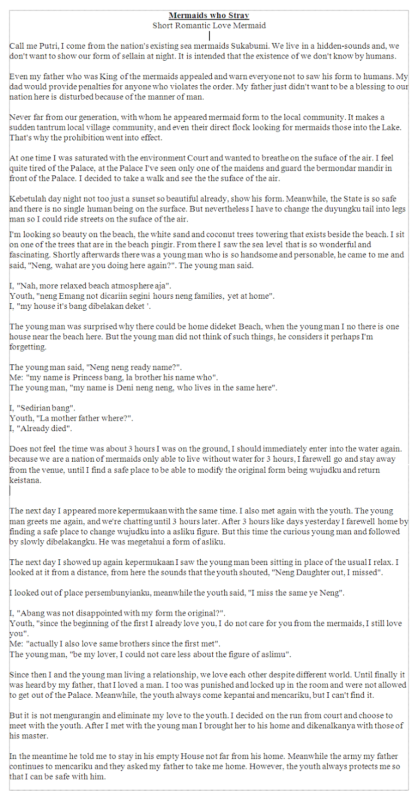 Cerpen Cinta Romantis Mermaid dan Terjemahan Cerita