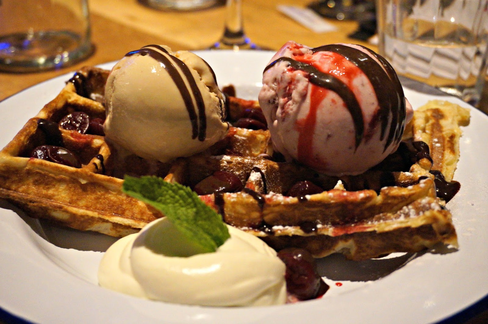 waffles with fruit and ice cream