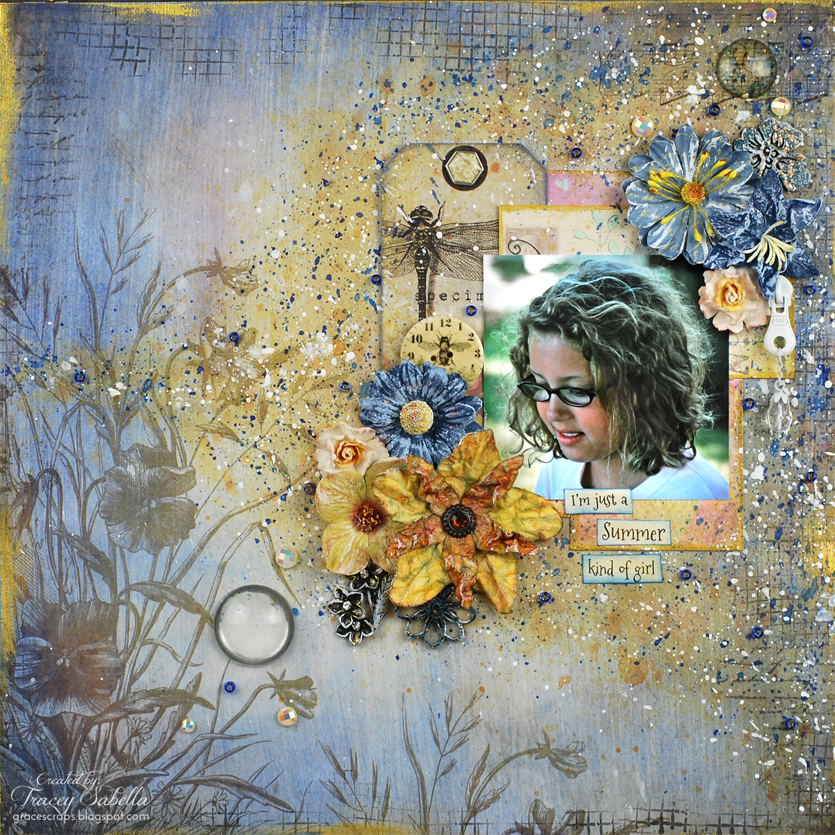Mixed Media Layout by Tracey Sabella for Berry71Bleu, summer, handcrafted flower