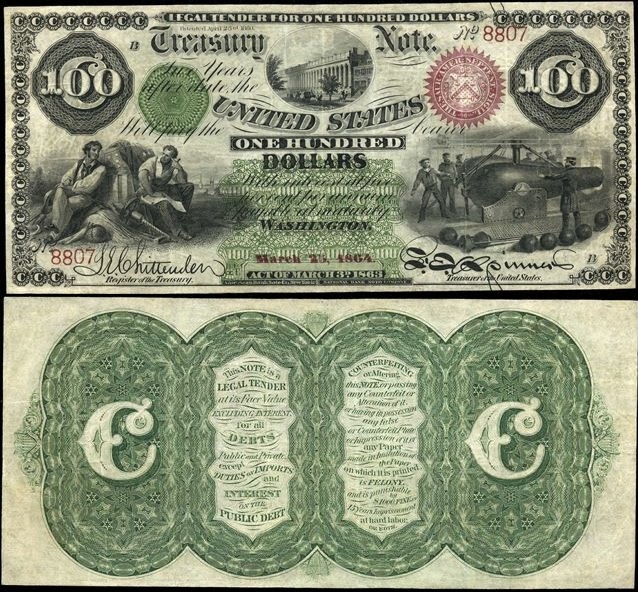 100 долларов США со зданием казначейства, 1863 год (выпущен северянами во время гражданской войны)