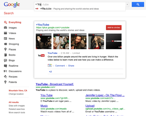 Search result page showing a Google+ feature for highlighting Google+ Pages