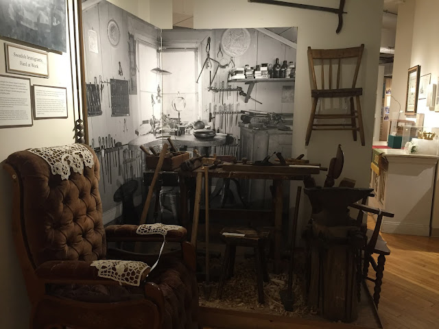 Workshop of a Swedish woodworker in America including artifacts on display at the Swedish American Museum in Chicago.