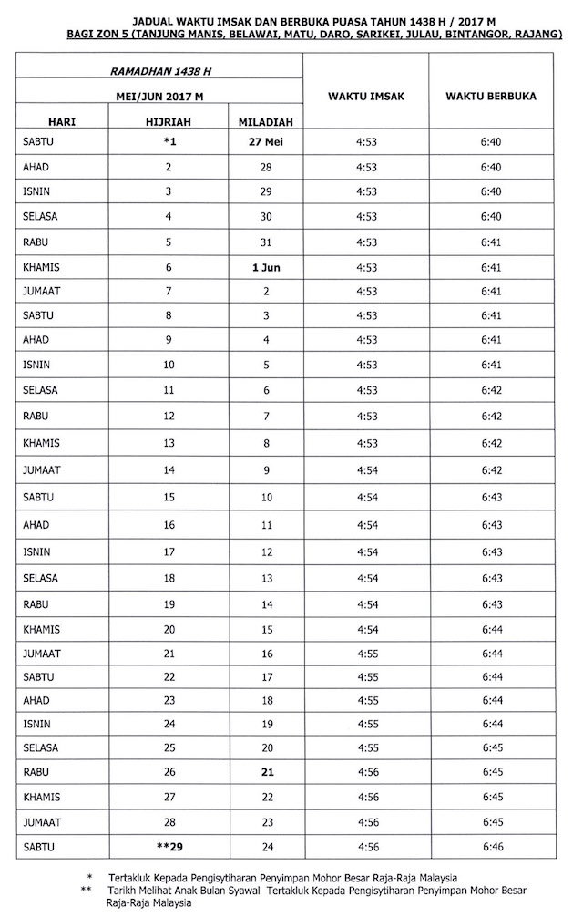 Jadual Waktu Buka Puasa dan Imsak 2017 - Sarawak