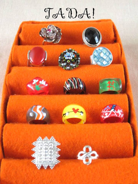 jewelry tray made from paper towel rolls, cardboard, felt, ring collection,rings, jewelry, how to store rings, jar lid as ring saucer, crafts, handmade, recycle, upcycle, blah to TADA