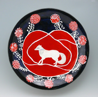Fox and Roses, ceramic wall platter, 17" Cathy Kiffney Ceramics