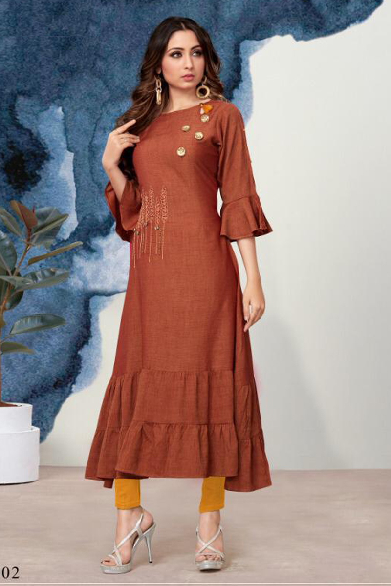 9455 Wholesale Party Indian Wear Embroidered Rayon Bell Sleeves Kurti