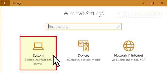 Open the Windows 10 System settings page (www.kunal-chowdhury.com)