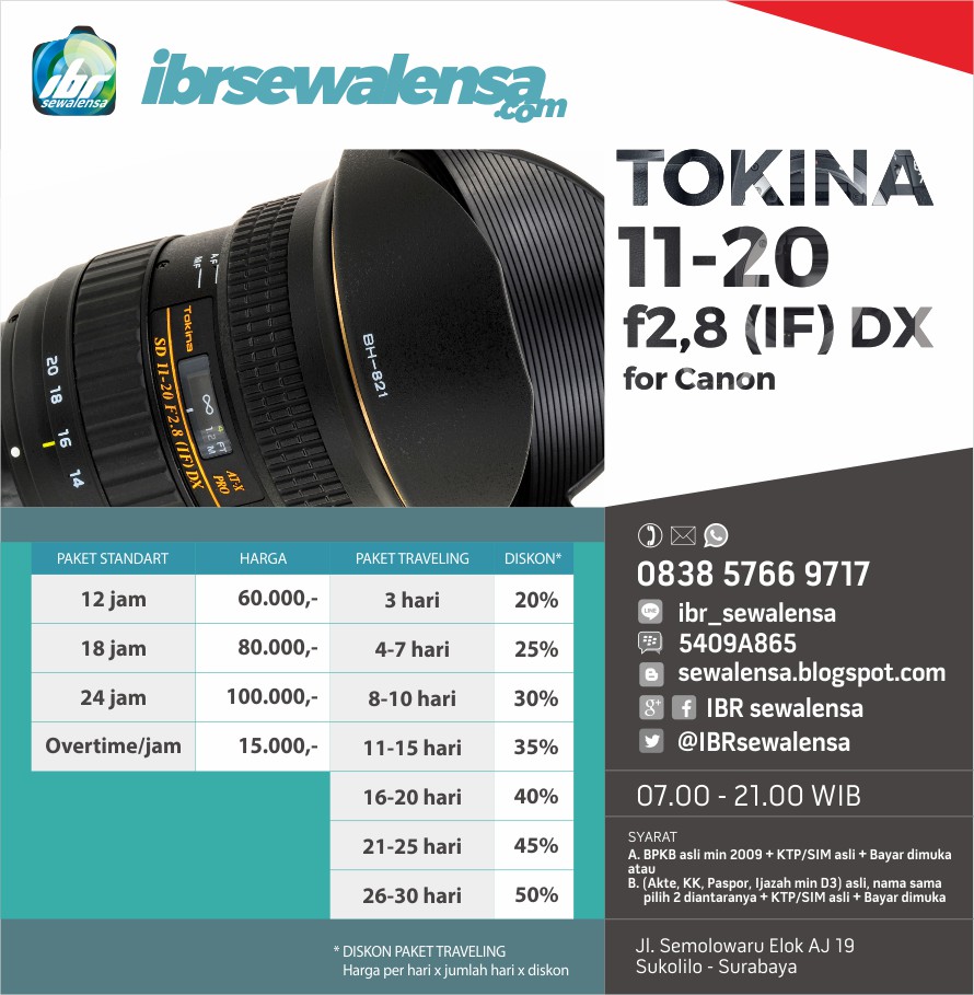 TOKINA AF 11-20mm f/2.8 (IF) DX for Canon Harga sewa rental lensa kamera