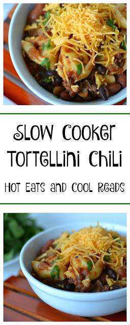 A delicious twist on regular chili! Perfect for dinner or set up as a chili bar for game day! Slow Cooker Tortellini Chili Recipe from Hot Eats and Cool Reads