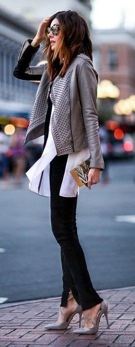 Fall fashion | Studded khaki leather jacket with heels | Just a Pretty ...
