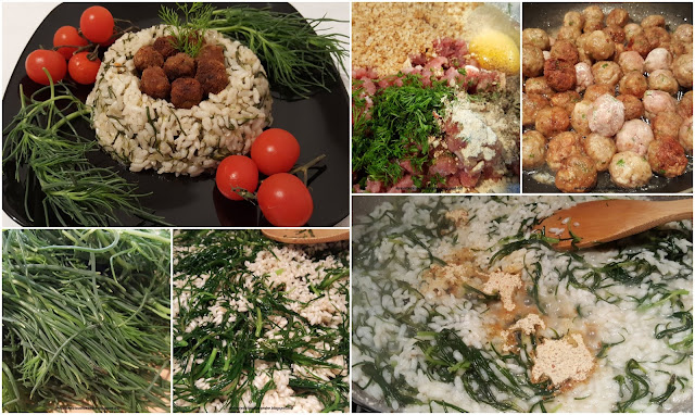 Risotto con agretti e polpettine all'aneto